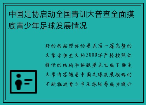 中国足协启动全国青训大普查全面摸底青少年足球发展情况